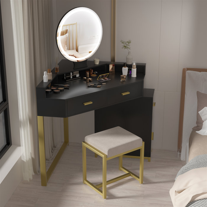 17 Stories Corner Vanity Desk with Lighted Mirror and Stool Wayfair